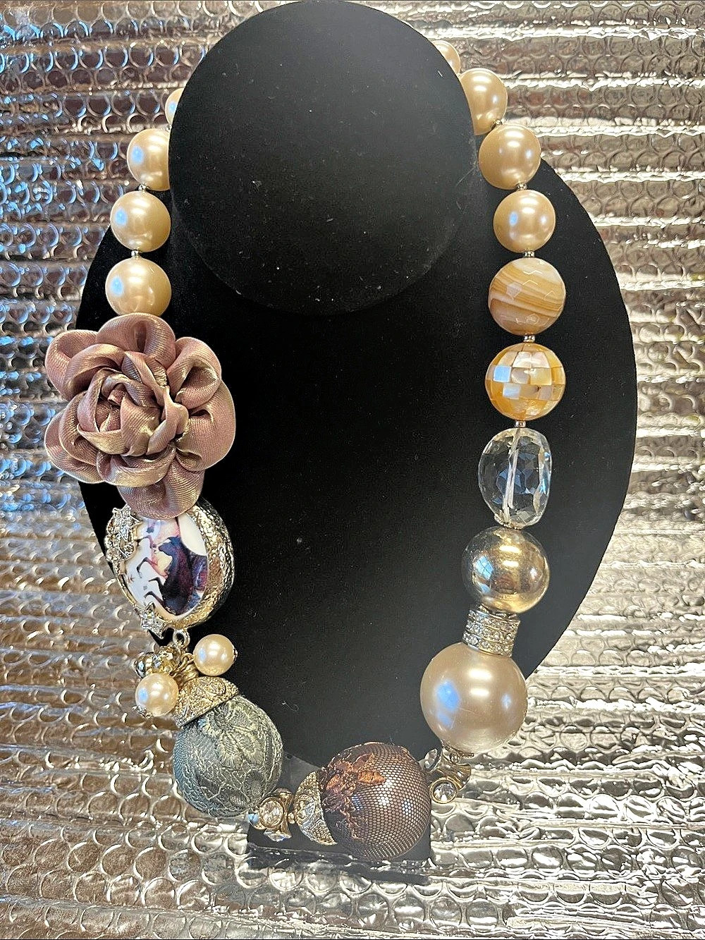 Statement Beaded Pendant Necklace in Brown & Gold